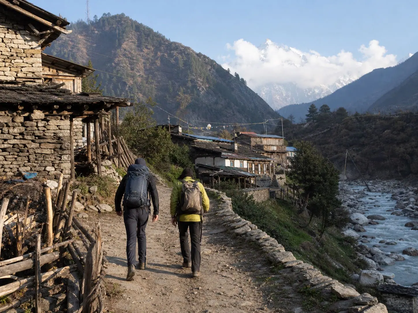 Traditional Nepal village beneath mountain scenery
