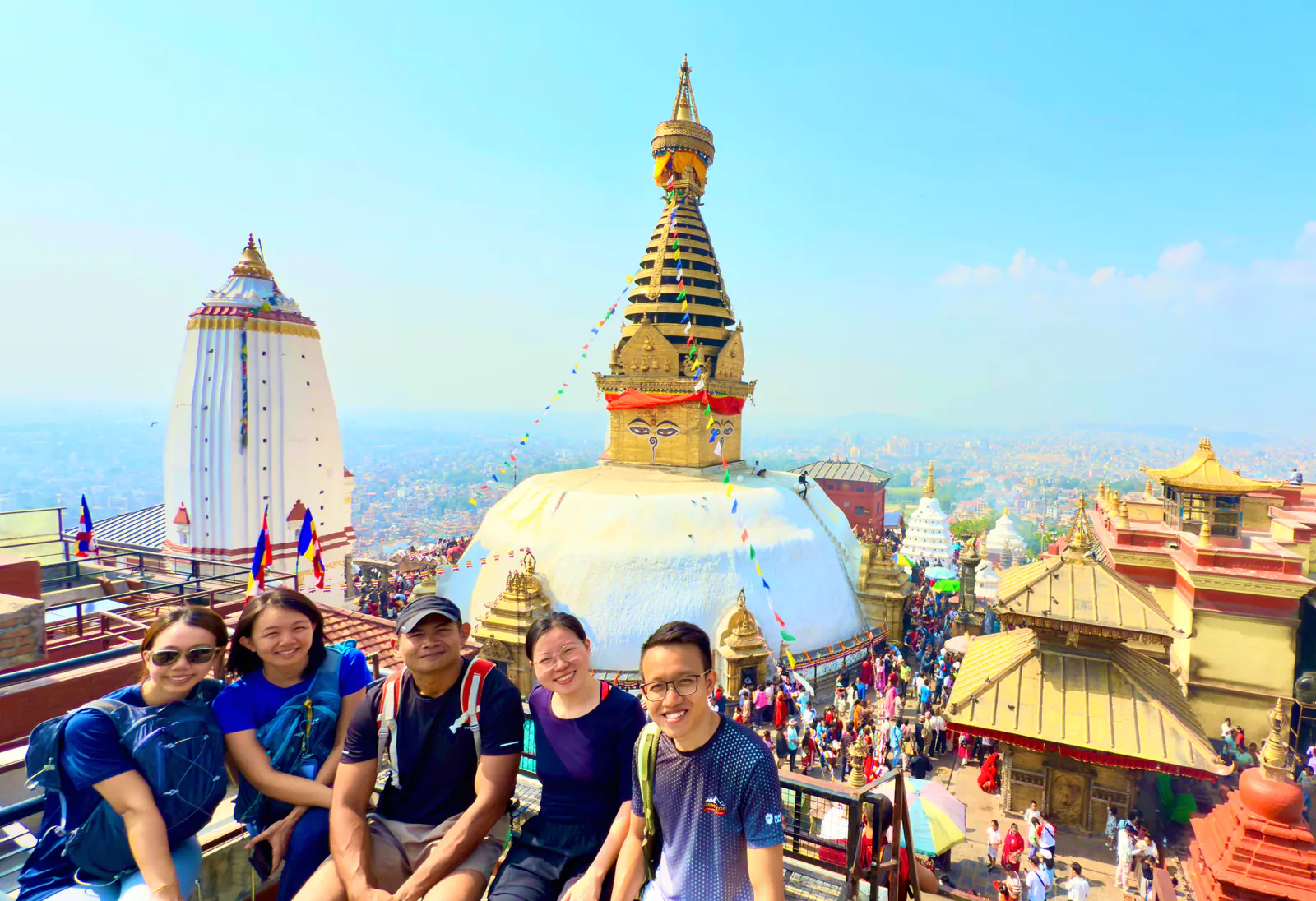 Travelers overlooking Swayambhunath Stupa