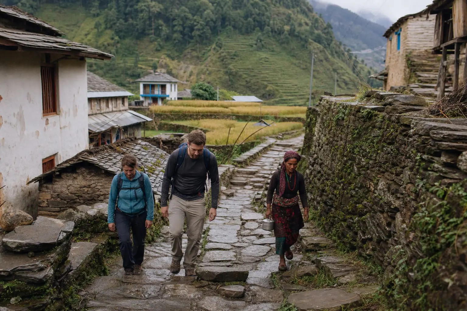 Trekkers walking through a traditional Annapurna mountain village