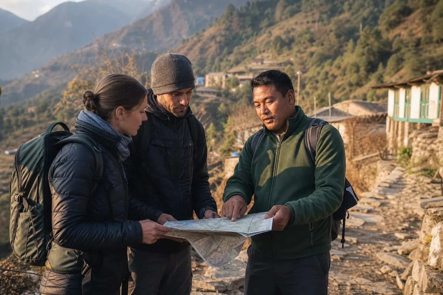 Nepali travel planner discussing a mountain route with two travelers