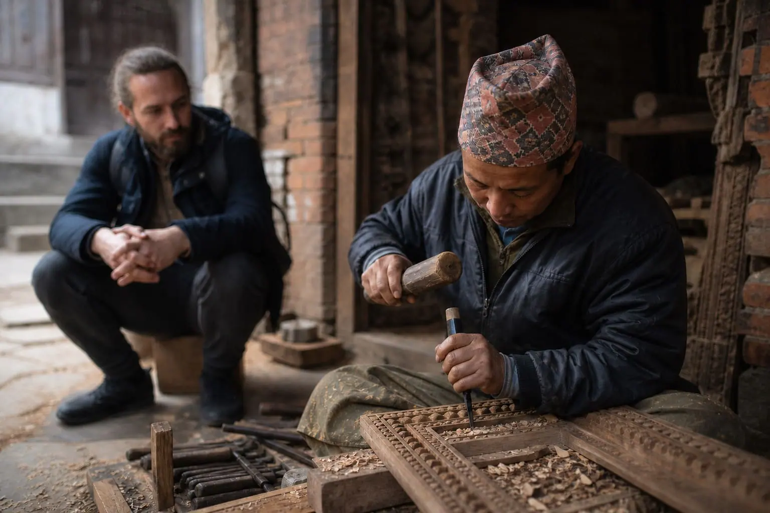 Nepali wood artisan carving traditional details in a Kathmandu workshop