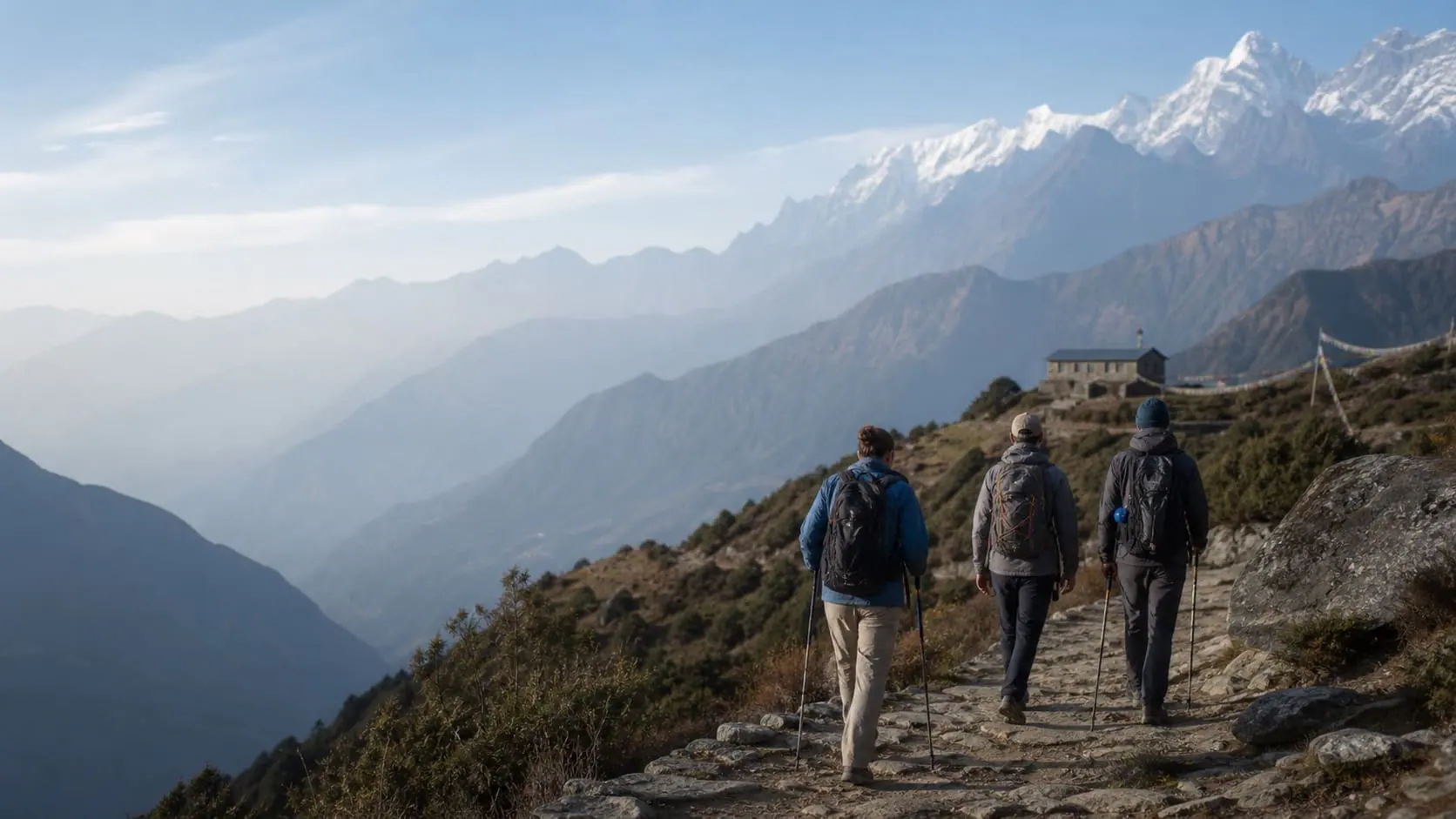 Travelers crossing a Himalayan suspension bridge with their guide