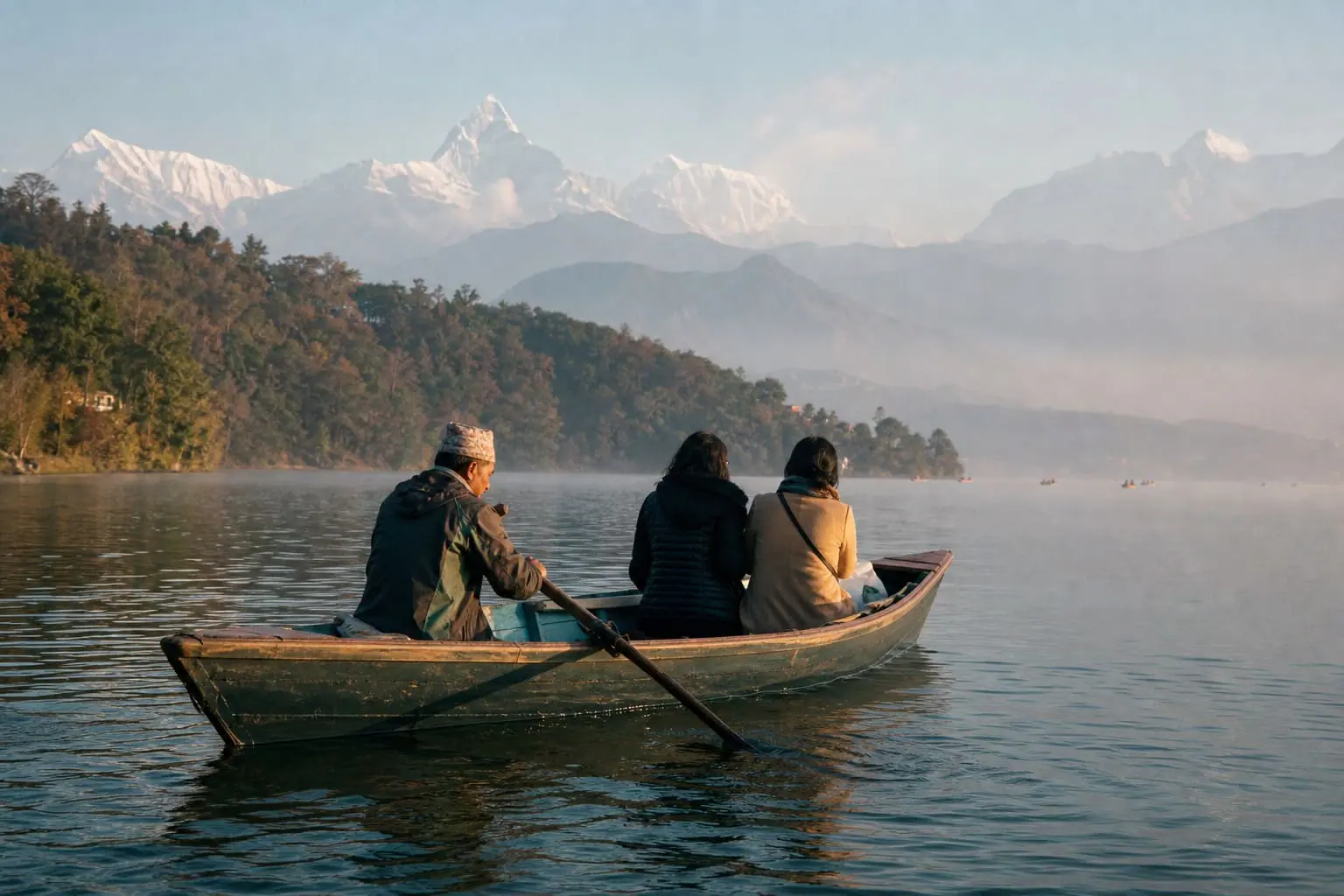 Travelers boating on Phewa Lake in Pokhara beneath the Annapurna mountains