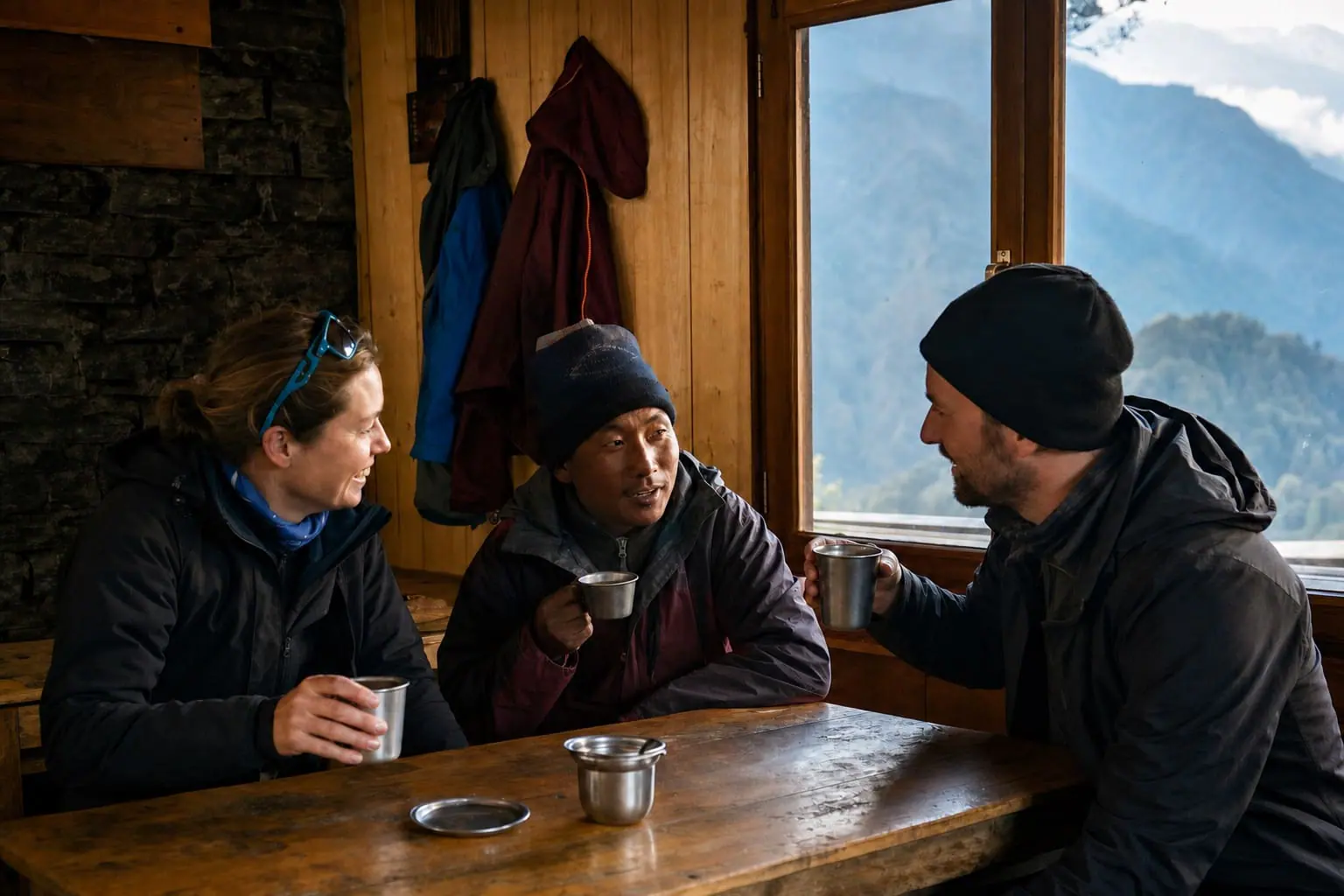 Travelers sharing tea with their guide outside a Himalayan teahouse