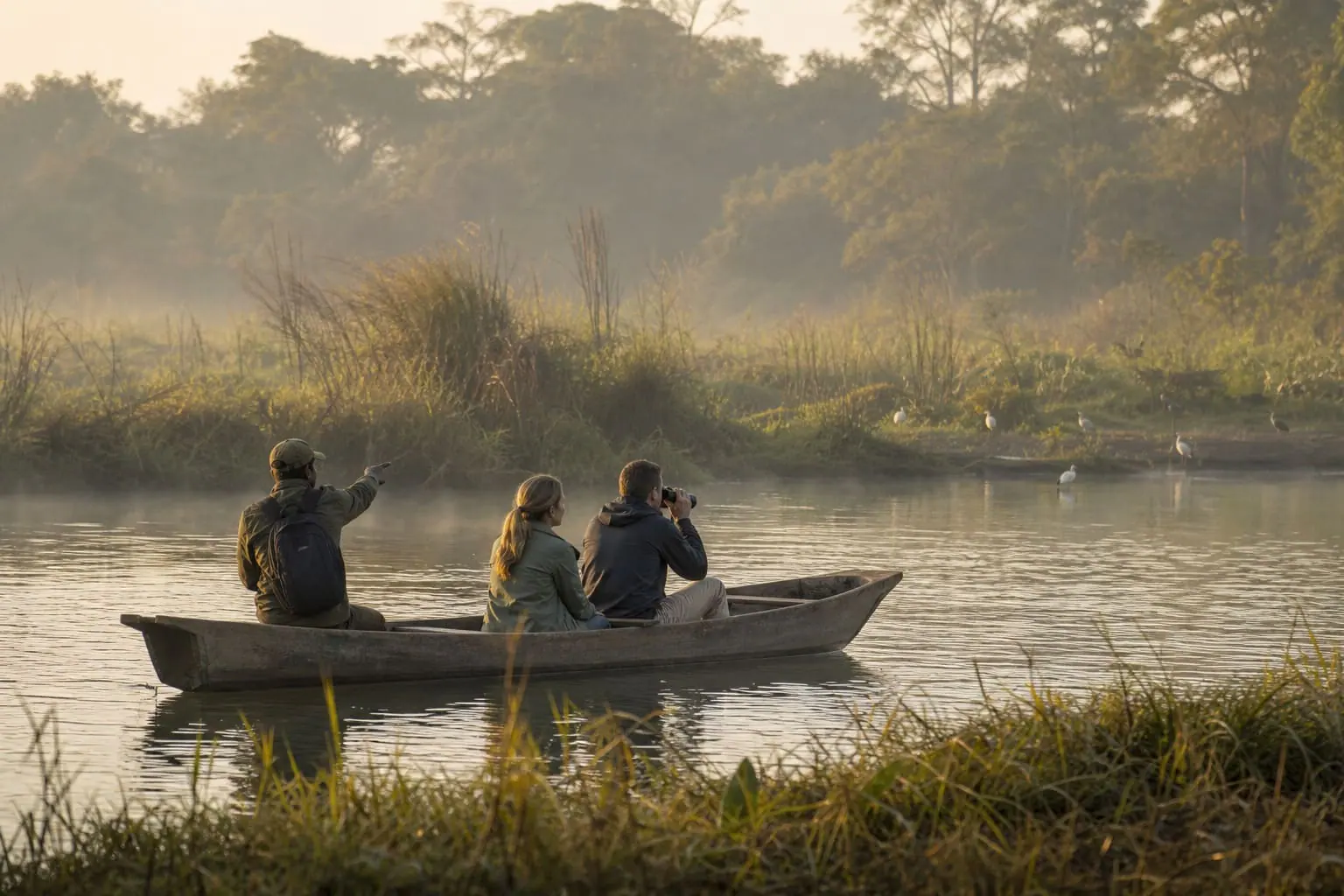 Nature guide and travelers observing birds from a wooden canoe in Chitwan