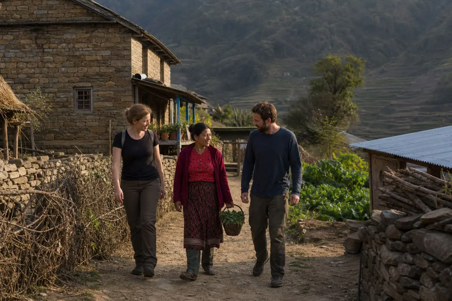 Local village host walking with two travelers through a terraced Nepal community