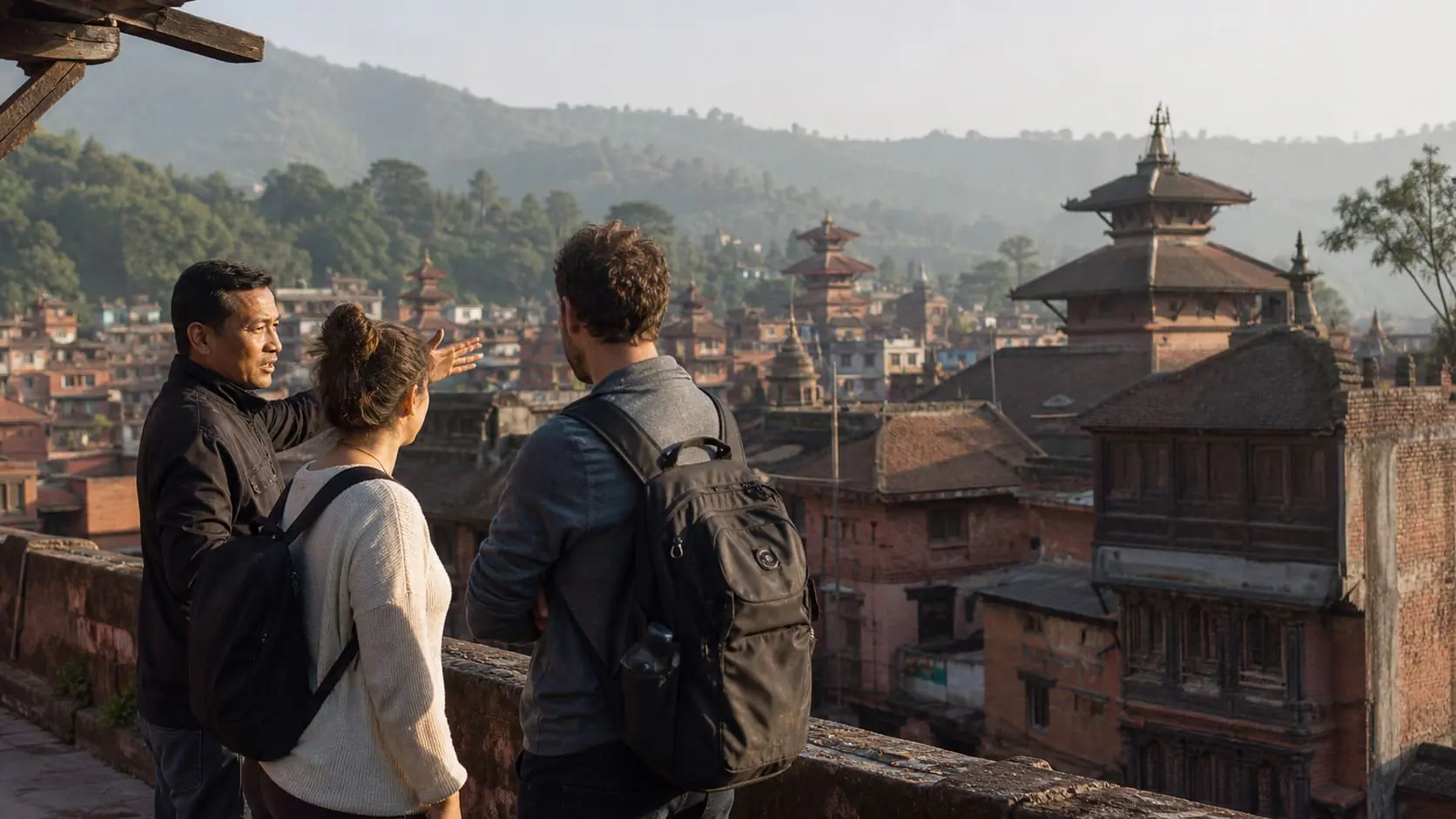 Local guide introducing two travelers to the historic rooftops of Bhaktapur