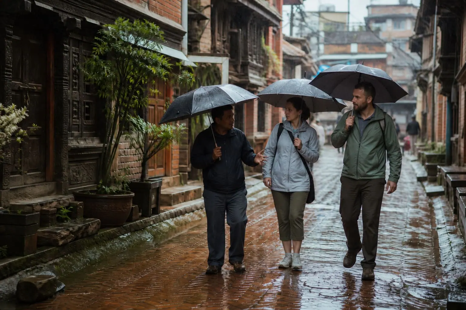 Travelers exploring an old Kathmandu street during a gentle monsoon shower
