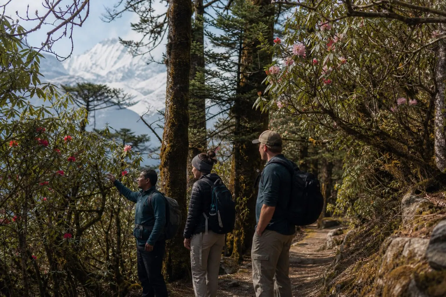 Travelers walking through a blooming rhododendron forest in Nepal during spring