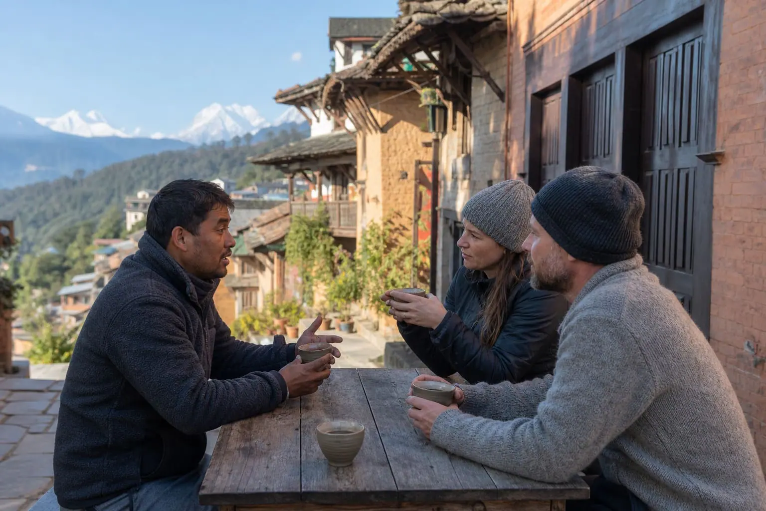 Travelers sharing tea with a local guide on a clear winter morning in Bandipur
