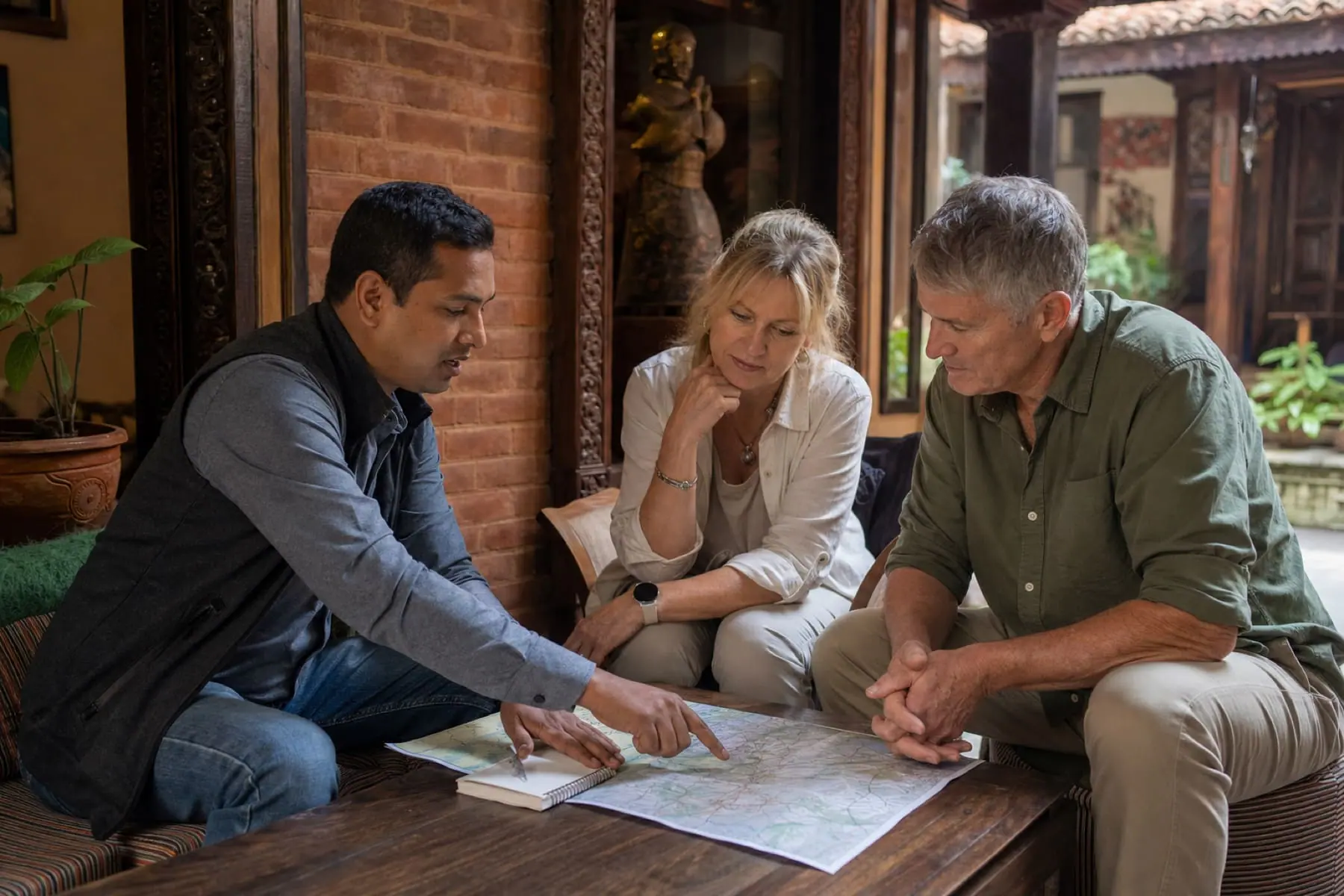 Kathmandu travel planner discussing a Nepal itinerary with two travelers